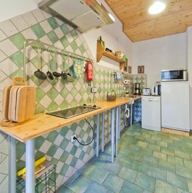 Cocina con mobiliario que permite acercamiento frontal en silla de ruedas, apartamento waschkuche. Información recopilada de www.altes-waschhaus-dresden.de