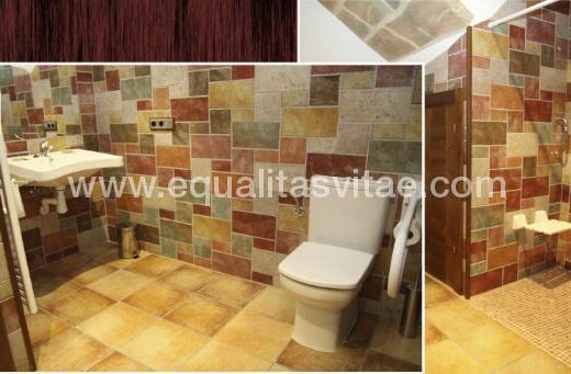 Baño accesible con ducha a cota cero, barra de apoyo e inodoro