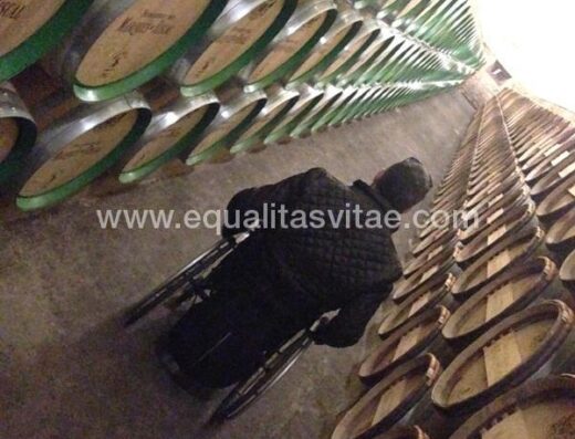 Paseo por nave de barricas con silla de ruedas