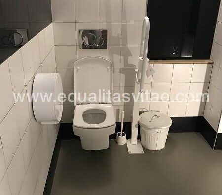 Baño adaptado con barra de apoyo y espacio de transferencia.