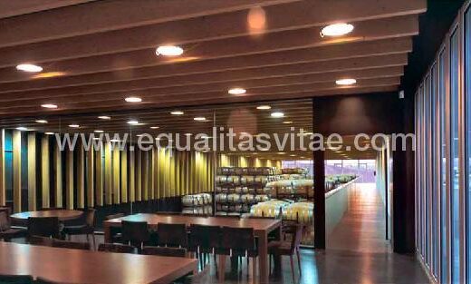 Comedor de la bodega con vistas a la nave de barricas