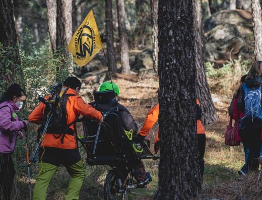 Grupo de personas llevando silla joelette atravesando una zona boscosa.