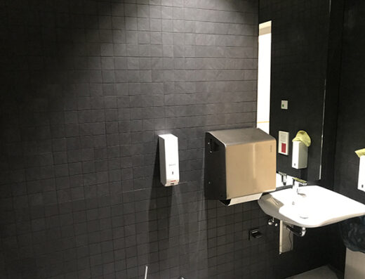 Interior del aseo, lavabo sin pie.