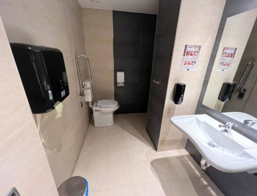 Interior del aseo adaptado, inodoro con barra de apoyo.