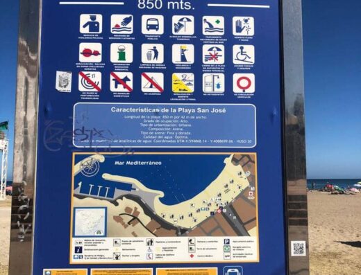 Panel que nos muestra mapa de la playa, localización de servicios y símbolos de los servicios con los que cuenta.