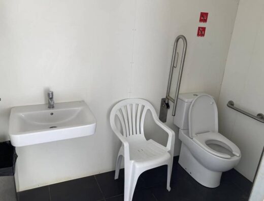 Interior del aseo, Inodoro con barras y lavabo sin pie.