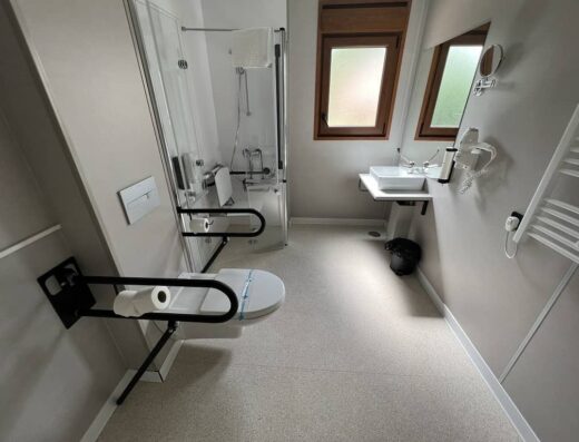 Interior de baño adaptado, inodoro con barras de apoyo, ducha a cota cero.
