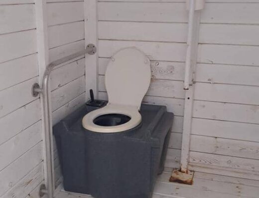 Interior del aseo, inodoro con barras de apoyo.