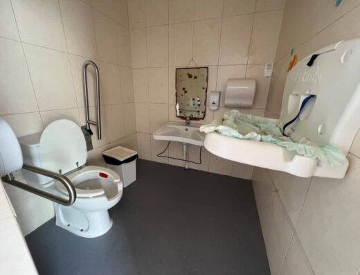 Interior del aseo con inodoro gerontológico con barras de apoyo, lavabo sin pie y cambiador para bebés.