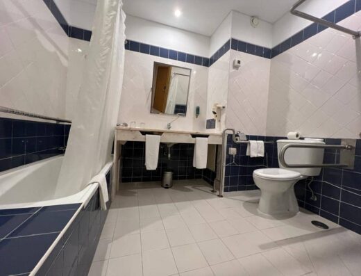 Baño con ducha , bañera e inodoro con barras.