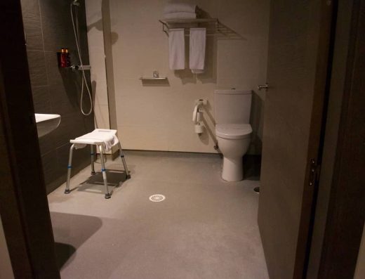 Interior del baño, inodoro junto a la ducha de suelo continuo.