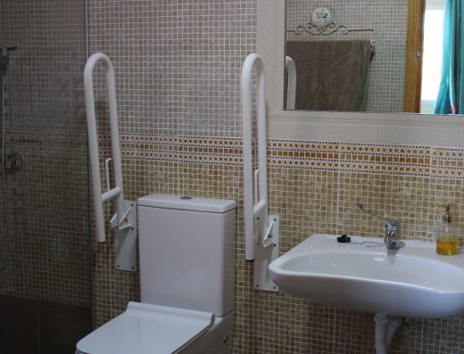 Inodoro con barras de apoyo abatible. Situado entre lavabo y ducha con mampara.