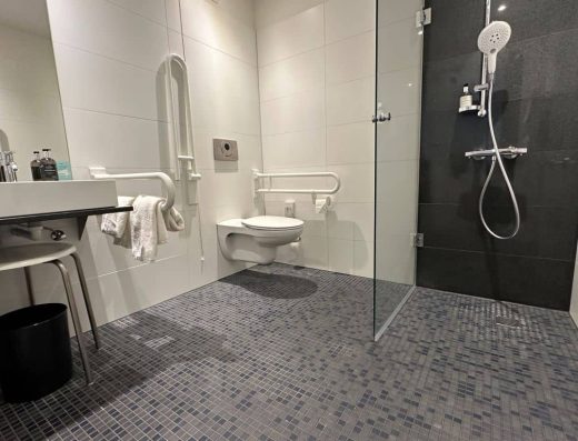 Interior del baño de la habitación. Inodoro con barras de apoyo y ducha a cota cero.