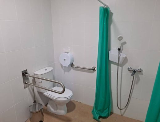 Imagen del interior del baño, inodoro con barras y ducha a cota cero.