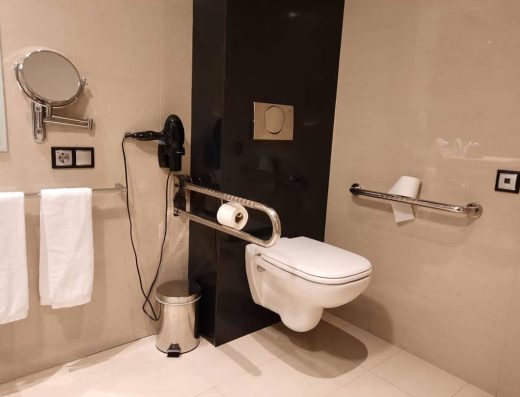 Imagen del interior del baño, inodoro con barras de apoyo.