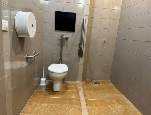 Interior de baño adaptado con inodoro con barras.