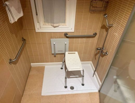 Imagen zona ducha con asiento y barra de apoyo.