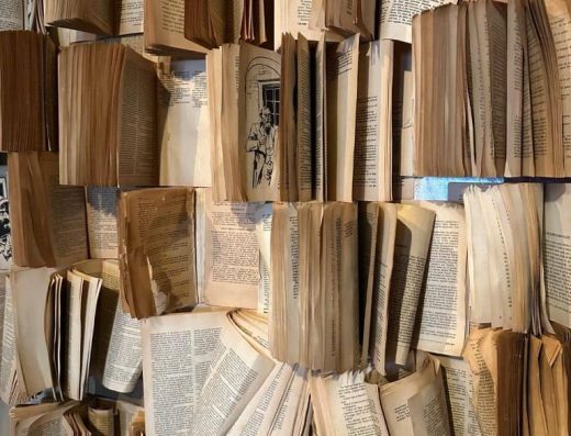 Imagen de detalle decorativo de una pared forrada con libros.