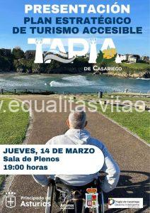 Imagen de portada presentación del plan estratégico de turismo accesible de Tapia de casariego. Jueves 14 de marzo a las 19 horas. Imagen de usuario de silla de ruedas en un sendero que va hacia la costa.
