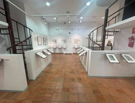 Imagen de ezposición de pinturas en atriles que sobresalen de la pared