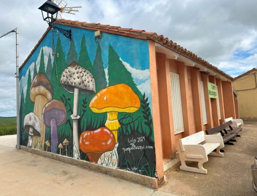 Imagen de un mural de varias setas en un bosque, realizado en 2024 por Lolo.