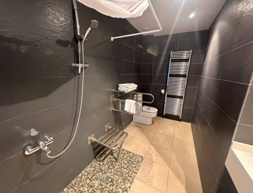 Imagen del interior del baño con ducha a cota cero y asiento y WC con barras de apoyo.