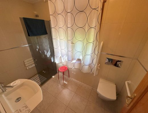 Imagen del interior del baño, zona del inodoro, con barras de apoyo.