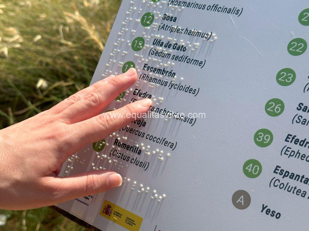 Imagen de una mano tocando el texto en braille del panel.