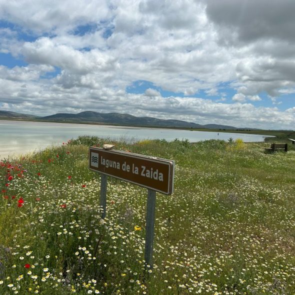 Imagen panorámica de la laguna y un panel que lo señaliza.