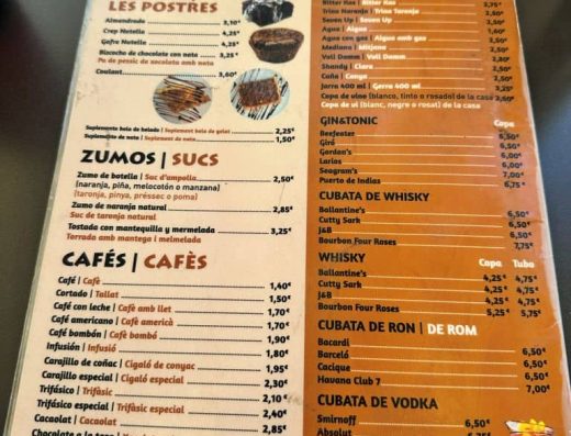 Imagen de la carta de cafés y bebidas.