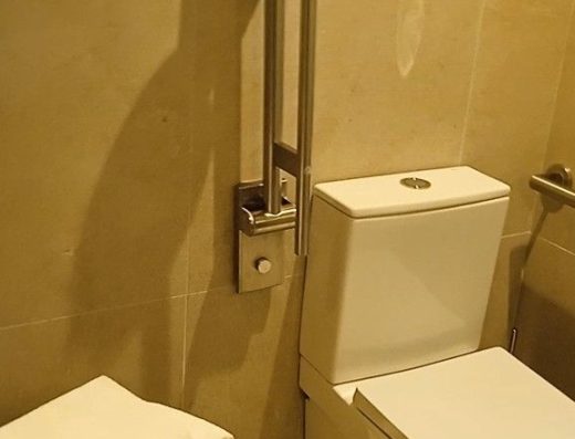 Imagen de un inodoro con barras de apoyo a ambos lados.