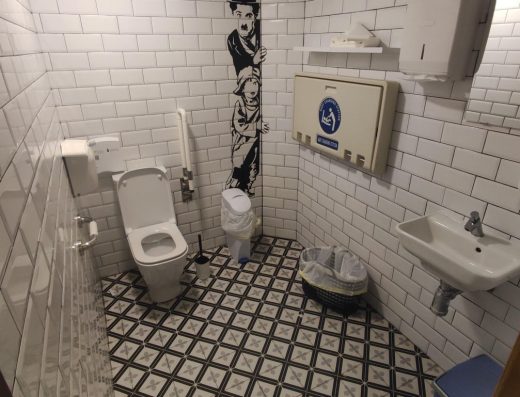 Imagen del interior del aseo adaptado con inodoro con barras de apoyo a ambos lados. En la pared hay un cambiador para bebés.