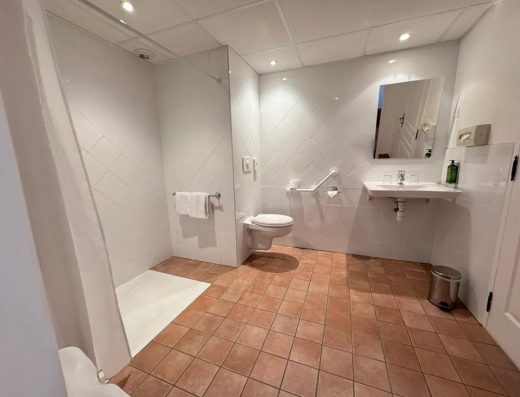 Imagen del interior del baño con inodoro con barra de apoyo fija en la pared. Lavabo sin pie y espejo inclinado.