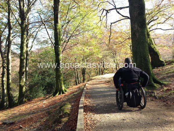 Imagen de una persona en silla de ruedas recorriendo el sendero.
