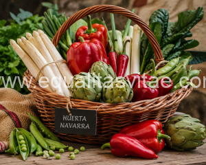 Imagen de una cesta con distintos tipos de verduras: espárragos, pimientos rojos, alcachofas...