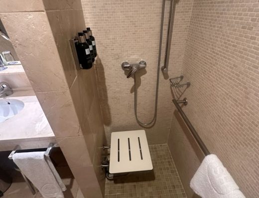 Imagen de una ducha con asiento fijado a una pared y en la de enfrente una barra de apoyo fijada de forma horizontal.