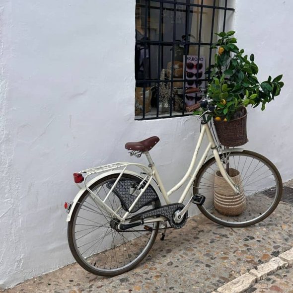 Imagen de una bicicleta clásica apoyada junto a una pared bajo una ventana con reja de la que sobresale una maceta