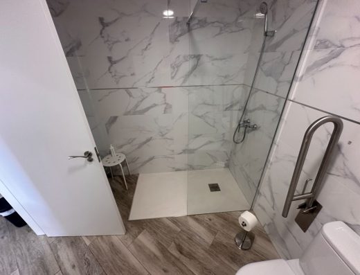 Imagen de la zona de la ducha con mampara fija de un ala. Junto a ella el inodoro con una barra de apoyo abatible.