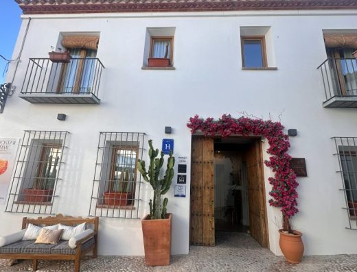 Imagen de la fachada del hotel con pared blanca. Flanqueando la puerta de entrada tiene una maceta a cada lado, la de la izquierda con un cactus y la de la derecha con unas flores que rodean la puerta.