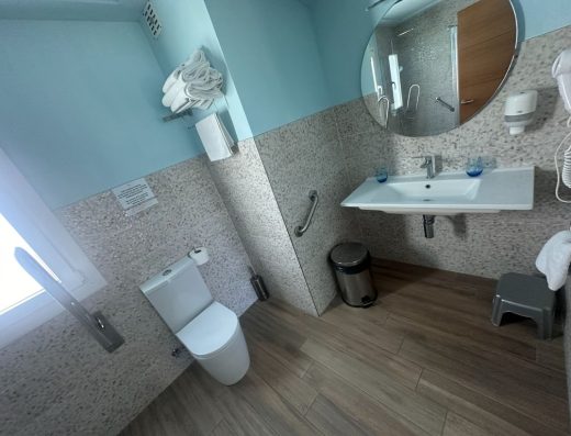 Imagen del interior del baño adaptado con inodoro con barra de apoyo abatible en la izquierda. A la derecha se encuentra el lavabo sin pie.