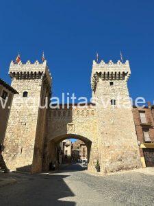 Imagen de la puerta de entrada al recinto amurallado con dos torres a su lado.