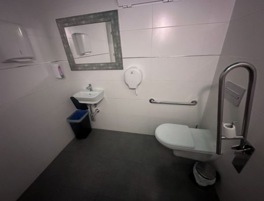 Imagen de un aseo adaptado con inodoro con barra de apoyo abatible a uno de sus lados.