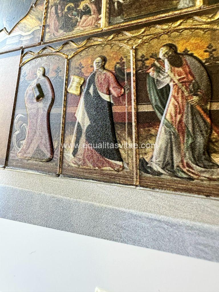Imagen del detalle en relieve de una lámina que representa la predela de un retablo.