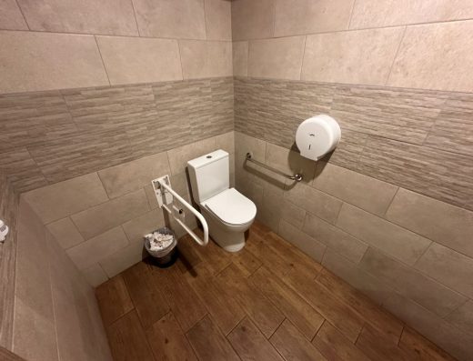 Imagen del interior del baño con inodoro con barra de apoyo abatible en el lado de acercamiento.