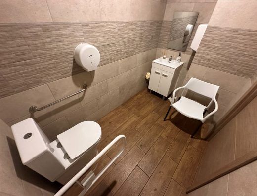 Imagen en el interior del baño adaptado con inodoro con barras de apoyo, abatible en el derecho y fija en el contrario. frente al inodoro está el lavabo con mueble. Junto al lavabo hay una silla.