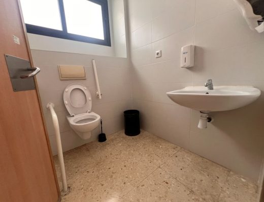 Imagen del interior de un aseo adaptado con barras de apoyo a ambos lados, una abatible y otra fija.