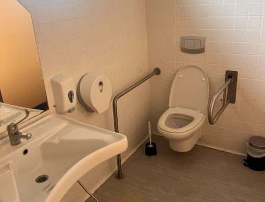 Imagen del interior de un baño adaptado con lavabo sin pie e inodoro con barras de apoyo