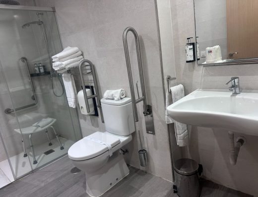 Imagen del interior de un baño adaptado con inodoro con barras de apoyo abatibles a ambos lados. A la derecha de la foto se encuentra el inodoro y a la izquierda la ducha.