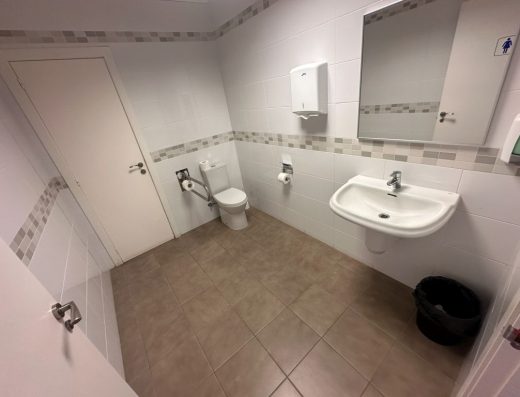 Imagen del interior de un aseo adaptado con inodoro con barra de apoyo abatible y un lavabo sin pie.
